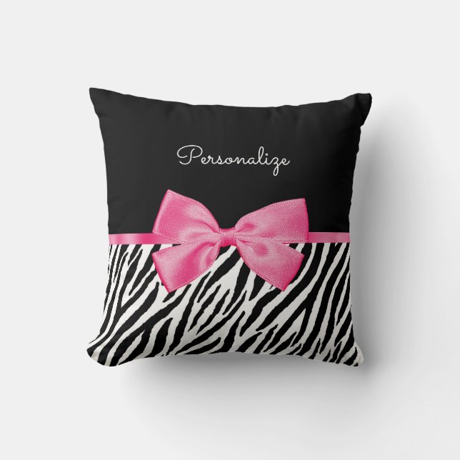 Trendy Zebra Print Chic Hot Pink Bow and Name Cushion (Front)