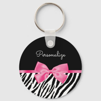 Trendy Zebra Print Chic Hot Pink Bow and Name Key Ring