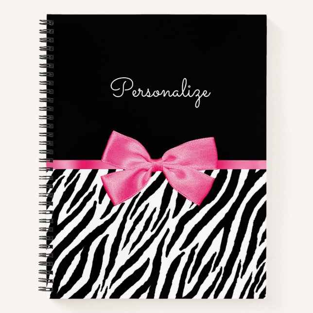 Trendy Zebra Print Chic Hot Pink Bow and Name Notebook (Front)