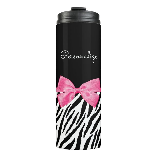 Trendy Zebra Print Chic Hot Pink Bow and Name Thermal Tumbler (Front)
