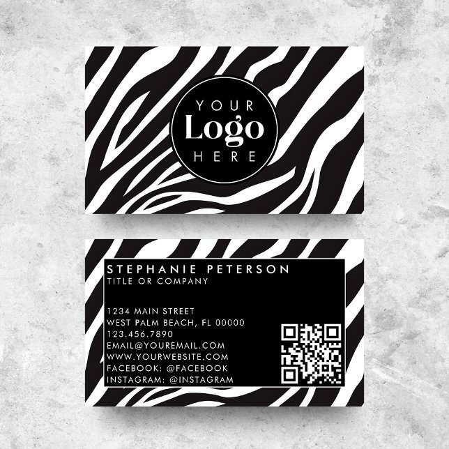 Trendy Zebra Print Custom Company Logo QR Code Business Card (Creator Uploaded)