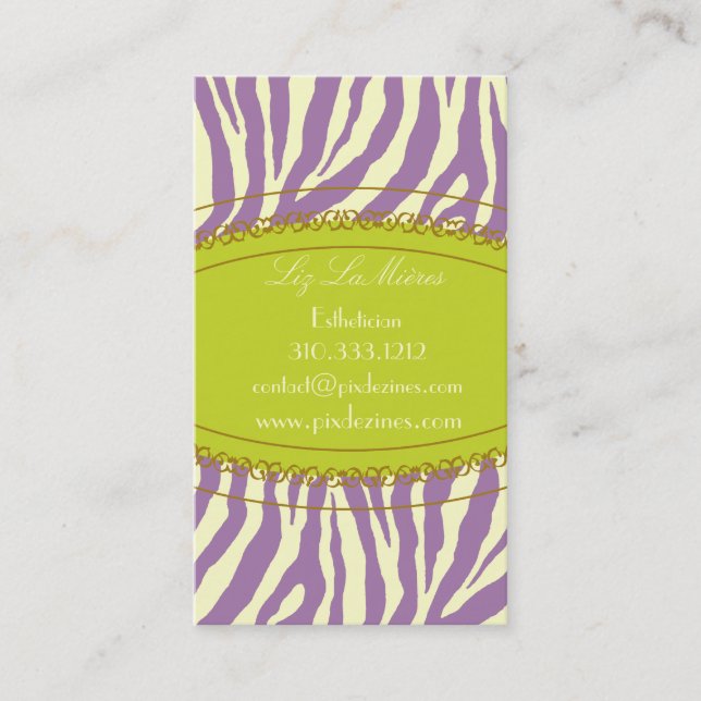 Trendy zebra print, lavender business card (Front)