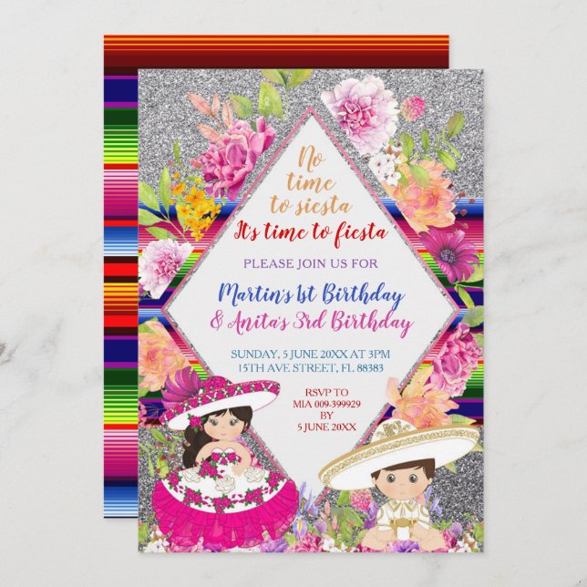 Tres anos navy invite Pink & Gold Mexican Birthday (Front/Back)