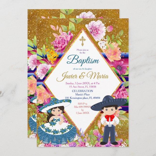 Tres Anos Navy Mexican Fiesta Baptism Invitation (Front/Back)