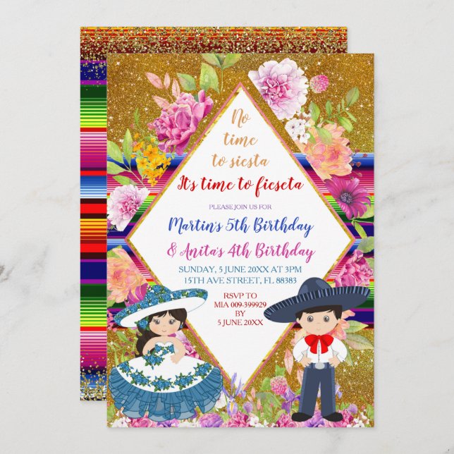 Tres Anos Navy Mexican Fiesta Kids Birthday Invitation (Front/Back)
