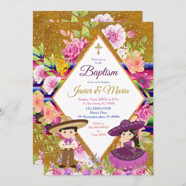 Tres Anos Purple Mexican Fiesta Baptism Invitation (Front/Back)
