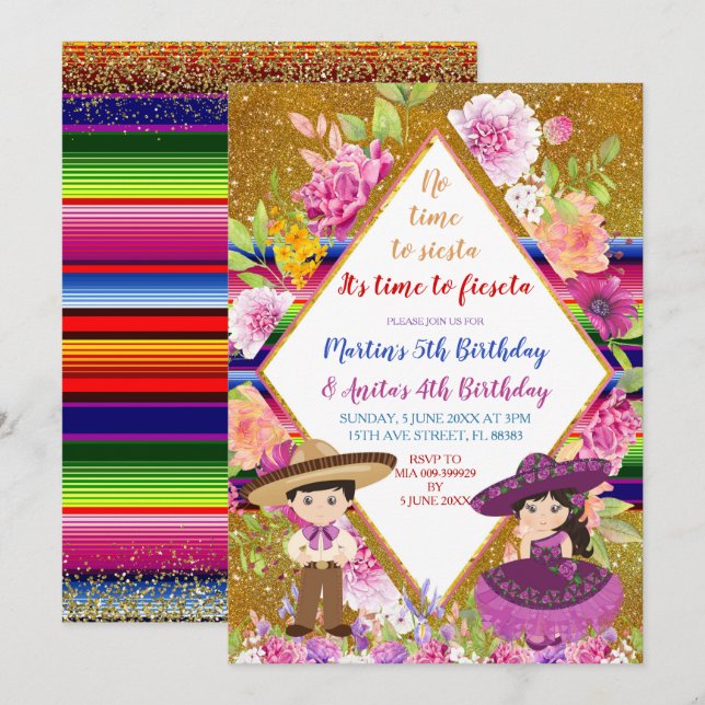 Tres Anos Purple Mexican Fiesta Kids Birthday Invitation (Front/Back)