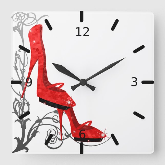 Tres Chic Red High Heels Art Nouveau Design Square Wall Clock (Front)