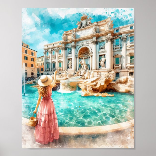 Trevi Fountain Italy Watercolor Art Poster (Front)