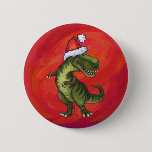 TRex Dino in Santa Hat on Red 6 Cm Round Badge