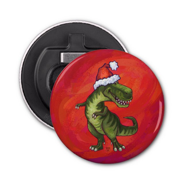 TRex Dino in Santa Hat on Red Bottle Opener (Front)