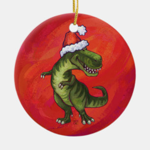 TRex Dino in Santa Hat on Red Ceramic Ornament