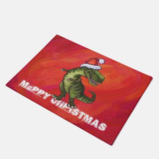 TRex Dino in Santa Hat on Red Doormat (Angled)