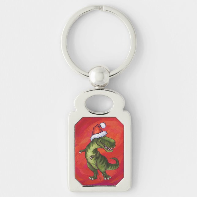TRex Dino in Santa Hat on Red Key Ring (Front)
