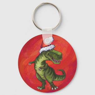 TRex Dino in Santa Hat on Red Key Ring