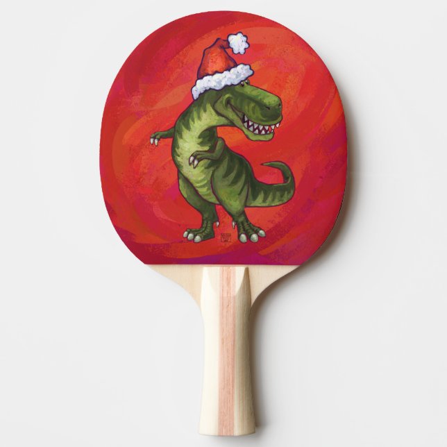 TRex Dino in Santa Hat on Red Ping Pong Paddle (Front)