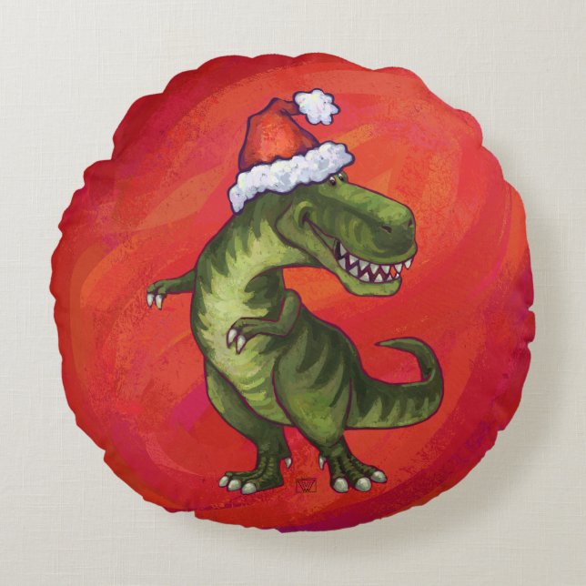 TRex Dino in Santa Hat on Red Round Cushion (Front)