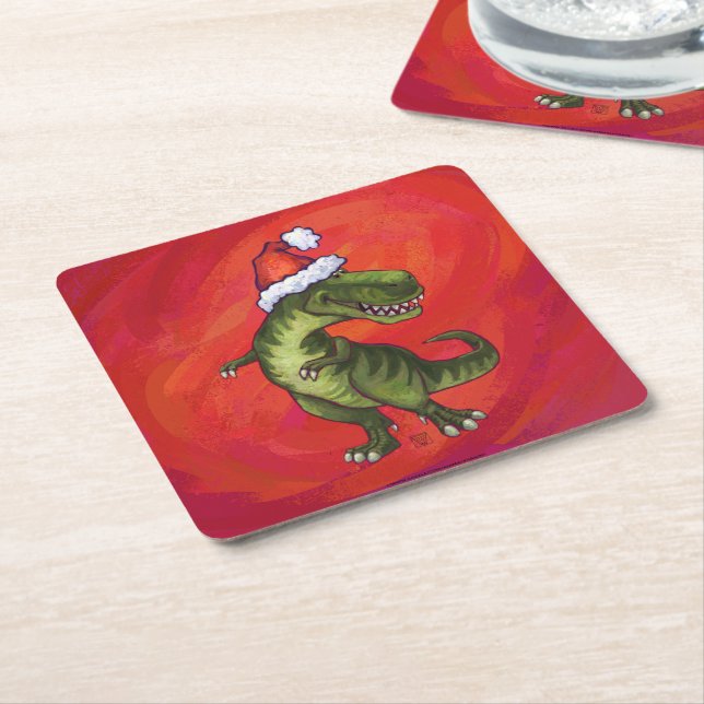 TRex Dino in Santa Hat on Red Square Paper Coaster (Angled)