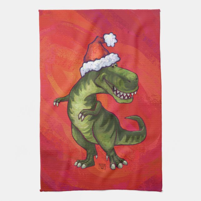 TRex Dino in Santa Hat on Red Tea Towel (Vertical)