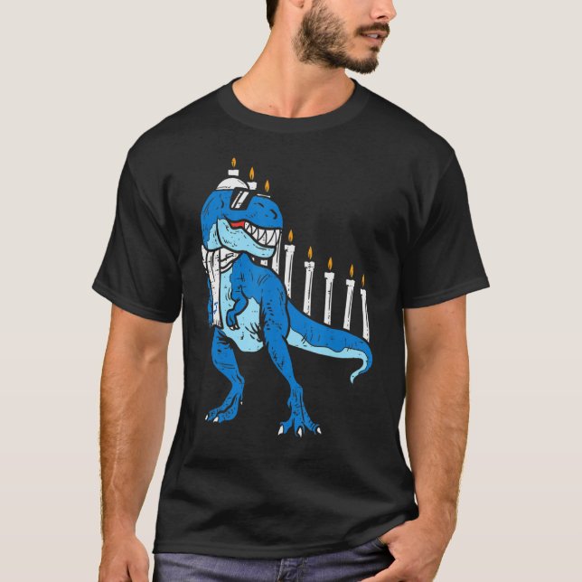 Trex Dinosaur Menorah Hanukkah Chanukah Jewish Boy T-Shirt (Front)