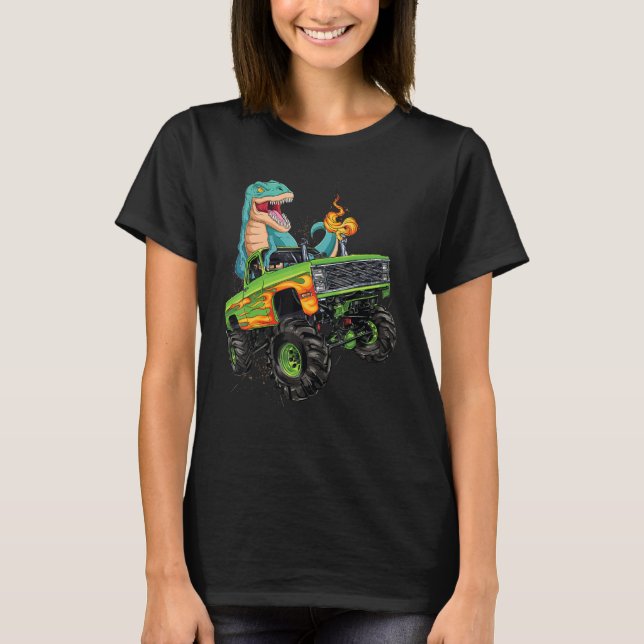 Trex Dinosaur Monster Truck Crushing Cars Kids bir T-Shirt (Front)