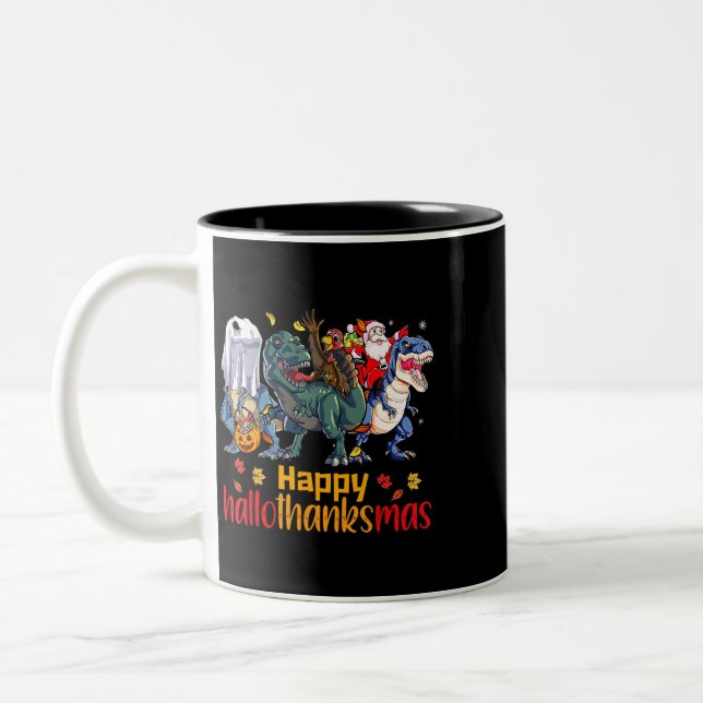 TRex Halloween Christmas Thanksgiving Happy Hallot Two-Tone Coffee Mug (Left)