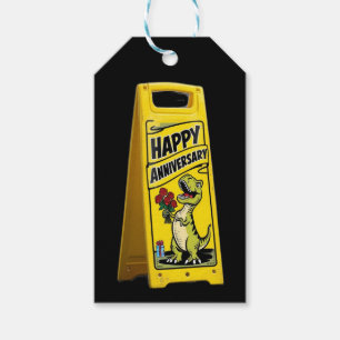 TRex holding red flowers happy anniversary Gift Tags