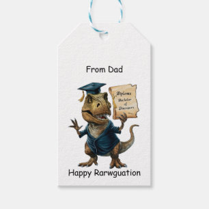 Trex in cap and gown holding diploma gift tags