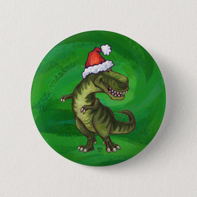 TRex in Santa Hat on Green 6 Cm Round Badge (Front)