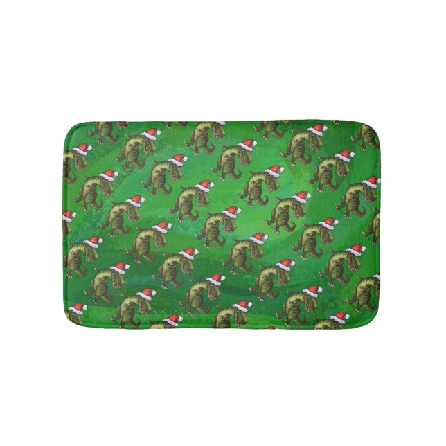 TRex in Santa Hat on Green Bath Mat (Front)