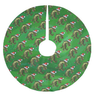 TRex in Santa Hat on Green Brushed Polyester Tree Skirt