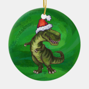 TRex in Santa Hat on Green Ceramic Tree Decoration