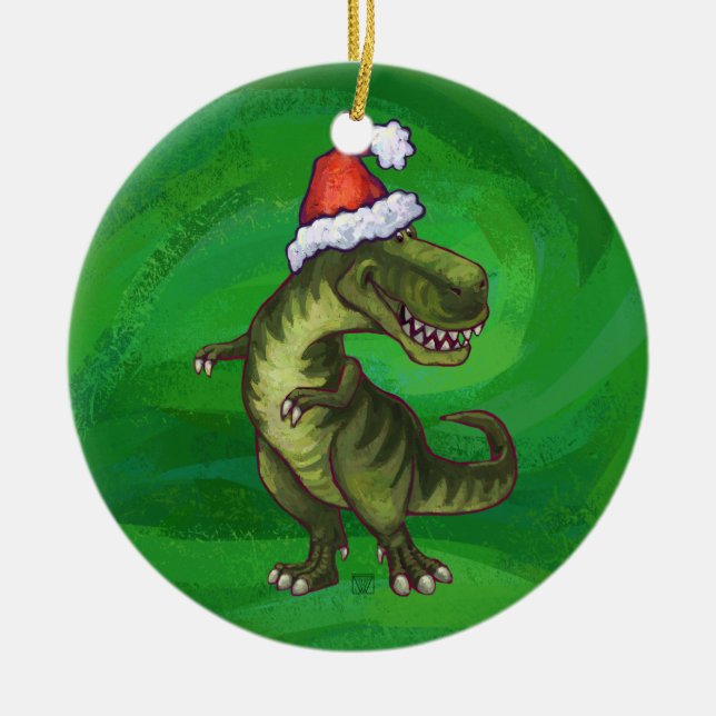 TRex in Santa Hat on Green Ceramic Tree Decoration (Front)