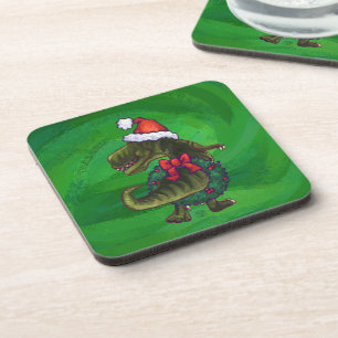 TRex in Santa Hat on Green Coaster