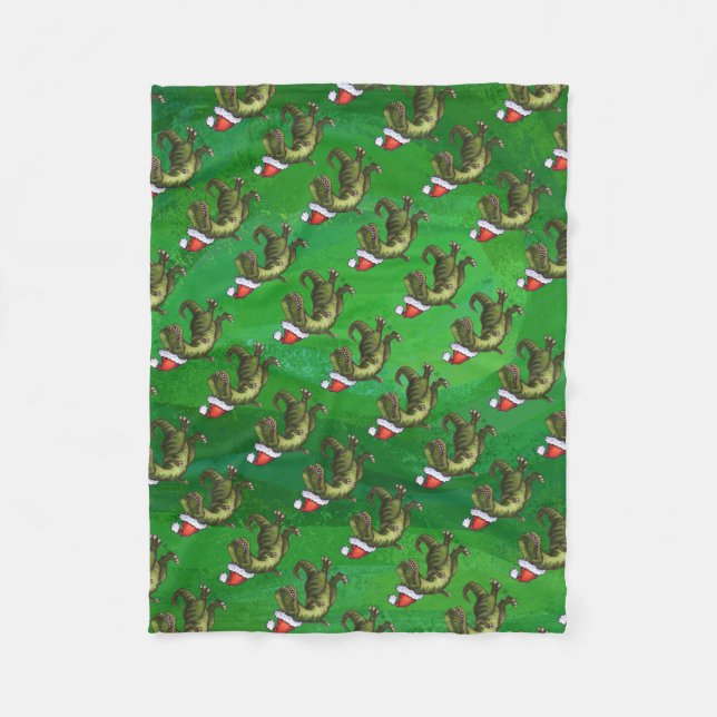 TRex in Santa Hat on Green Fleece Blanket (Front)