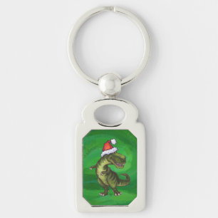 TRex in Santa Hat on Green Key Ring