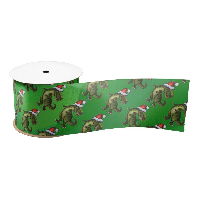 TRex in Santa Hat on Green Satin Ribbon (Spool)