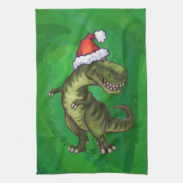 TRex in Santa Hat on Green Tea Towel (Vertical)