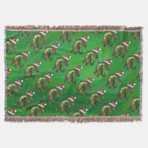 TRex in Santa Hat on Green Throw Blanket