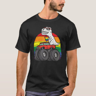 Trex Monster Truck Rainbow Gay Sunset Retro Lgbtq T-Shirt