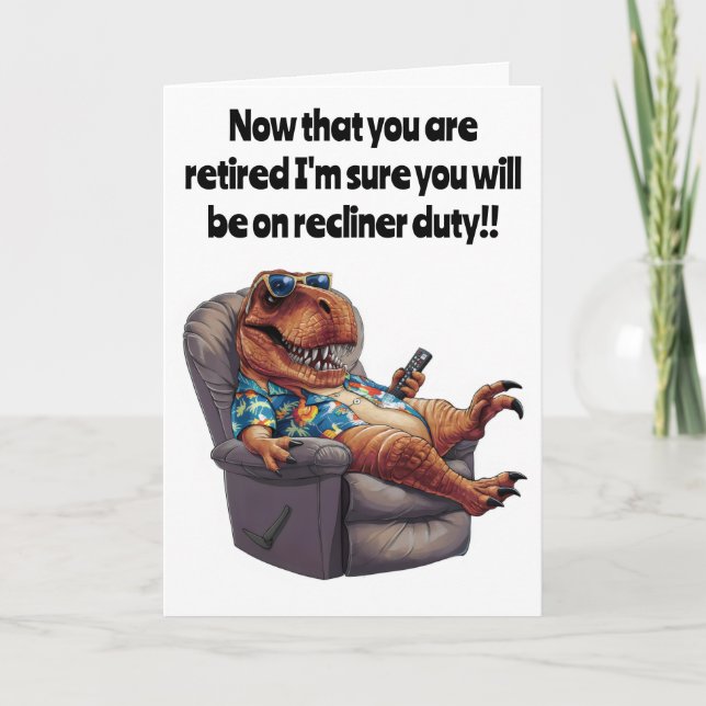 Trex sitting in recliner holding remote control card (Front)
