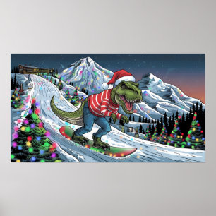 TRex snowboard on mountain psychedelic colours Poster