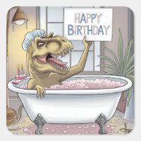 Trex taking bubble bath holding up Happy Birthday