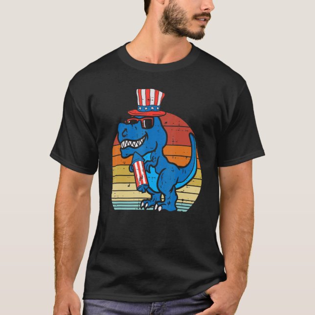 Trex Us Flag Hat Firecracker Dino 4th Of July Boys T-Shirt (Front)