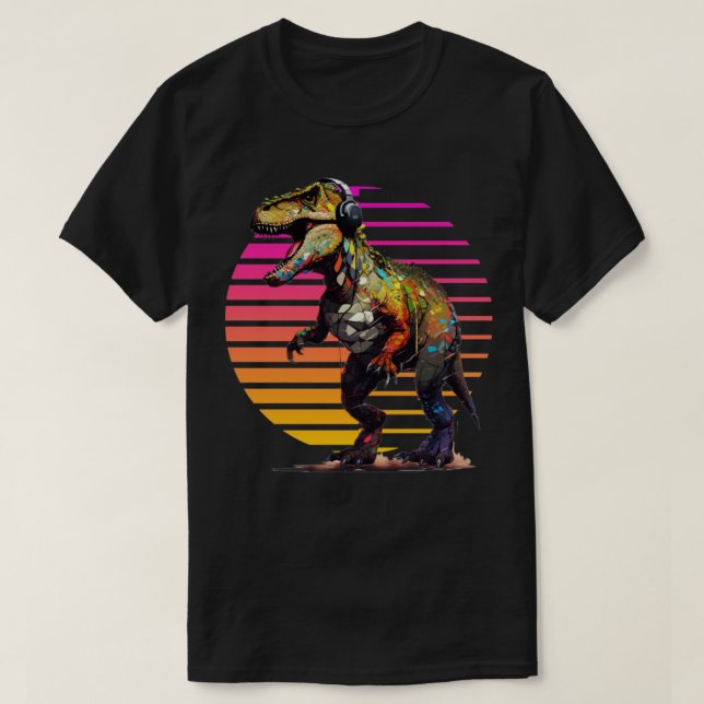 Trex with headphones retro art1 T-Shirt (Design Front)