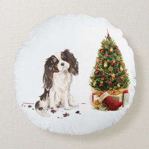 Tri-Color King Charles Spaniel Funny Christmas Dog Round Cushion