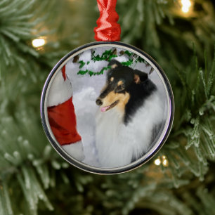 Tri Color Rough Collie With Santa Christmas  Metal Ornament