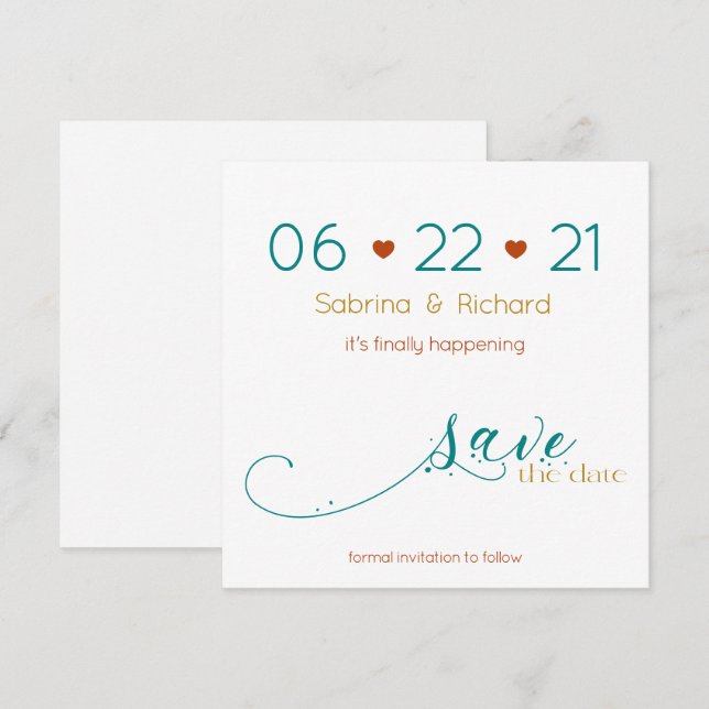 Tri-Colour BOHO Minimal Rust Teal Gold SavetheDate Invitation (Front/Back)