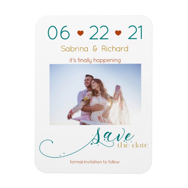 Tri-Colour BOHO Minimal Rust Teal Gold SavetheDate Magnet (Vertical)