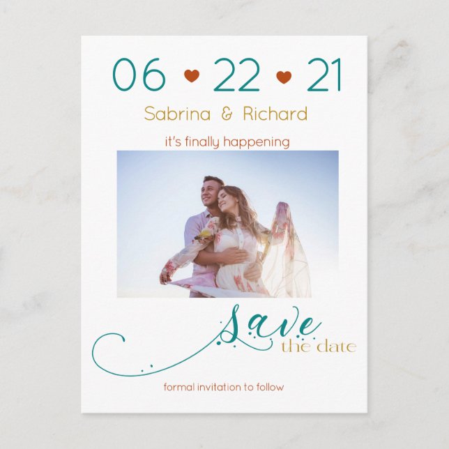 Tri-Colour BOHO Minimal Rust Teal Gold SavetheDate Postcard (Front)